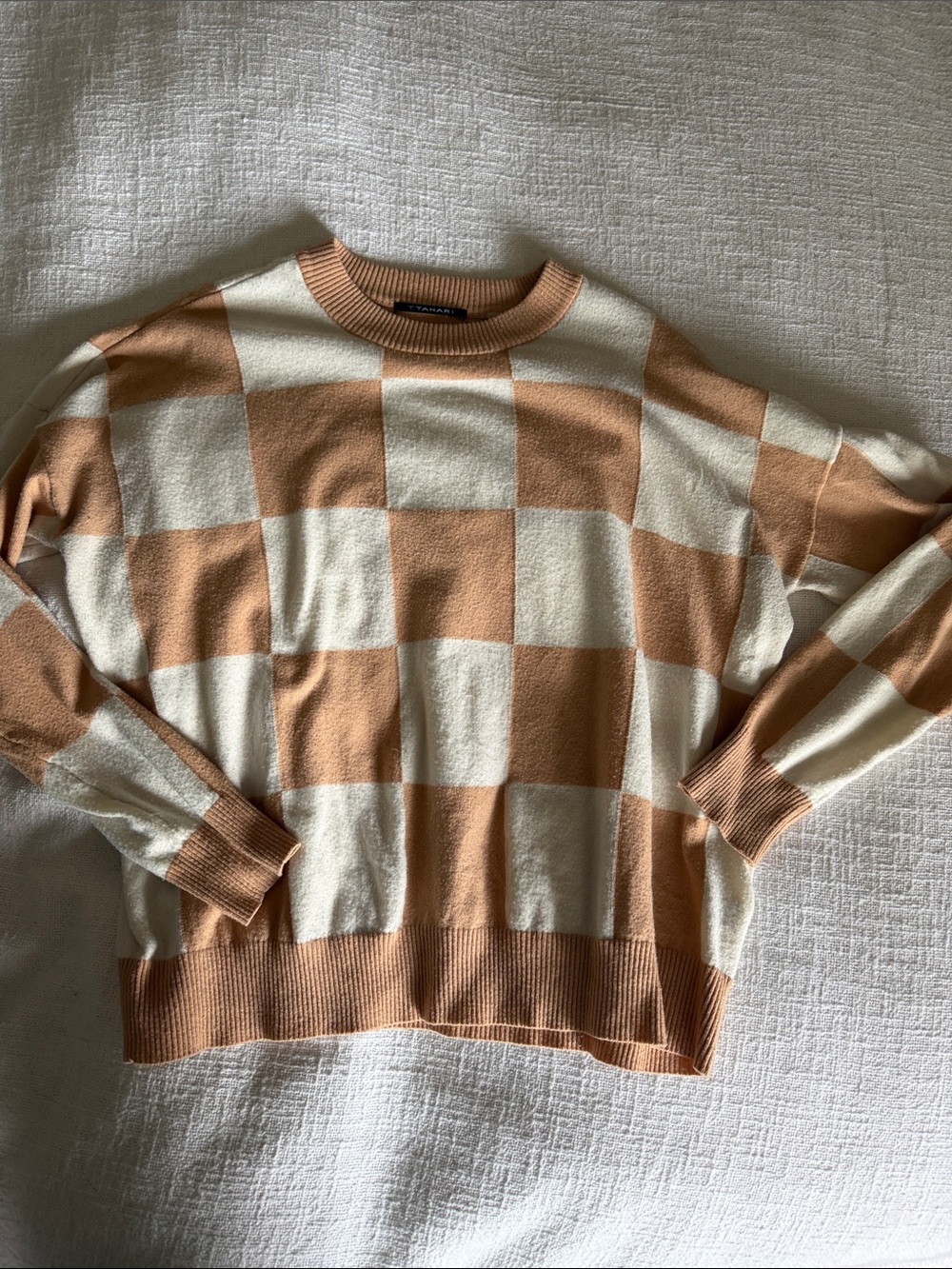 T Tahari Men's Checkerboard Crewneck Sweater in Cream and Tan